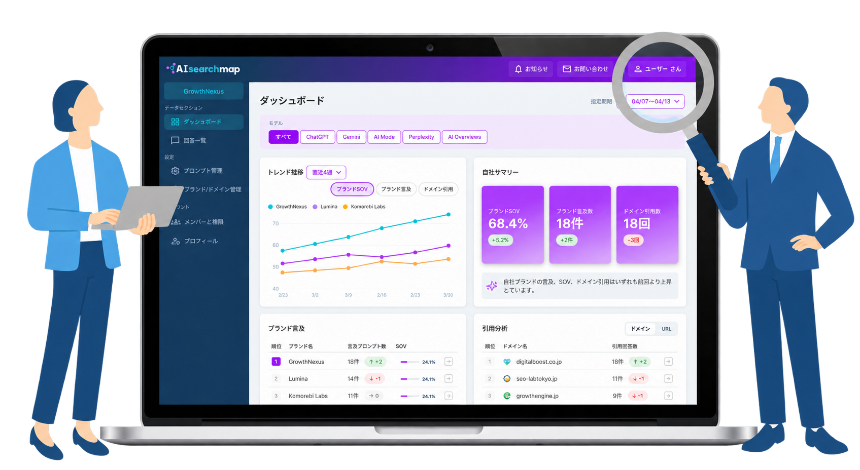 AIsearchmapの画面が映るノートPCと、分析・実行支援に取り組む専門家のイメージ