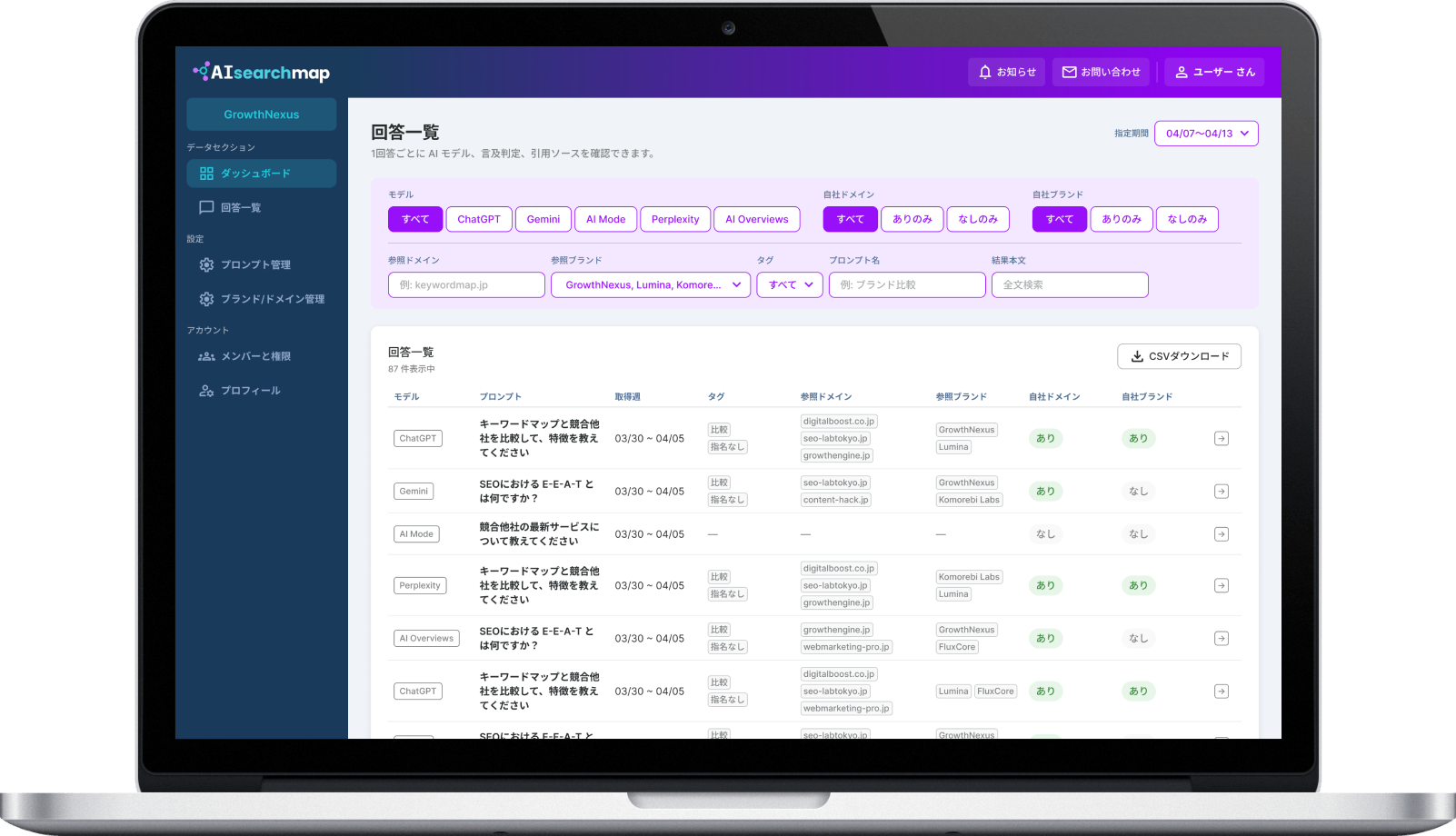 AI回答一覧機能の画面イメージ